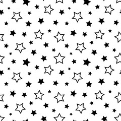 Star seamless pattern. Repeating black stars isolated on white background. Repeated simple prints for design. Abstract monocrome lattice. Repeat sample. Geometric random texture. Vector illustration