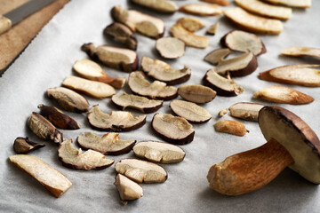 Sliced pine boletes on a table - wild edible mushrooms