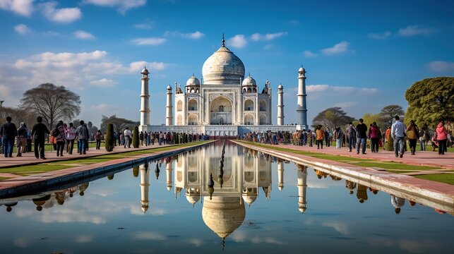 AGRA, INDIA - MARCH 5 2018: Tourists sighteseeing, exploring and admiring famous the Taj Mahal