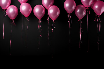 Pink balloons with ribbons on a black background.