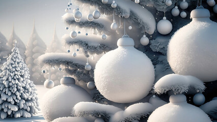 Zimowe tło świąteczne, białe bombki. Generative AI - obrazy, fototapety, plakaty
