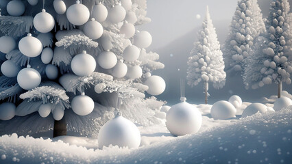 Zimowe tło świąteczne, białe bombki. Generative AI