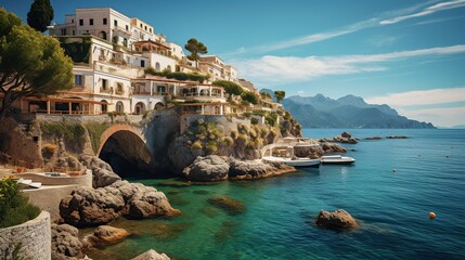 Taormina bay landscape with tourist man with backpack. Sicilian scenery sea resort. Travel Sicily. Tourist standing on shore. Young man and boats on beach. Travelling guy in South Europe. Person. - obrazy, fototapety, plakaty