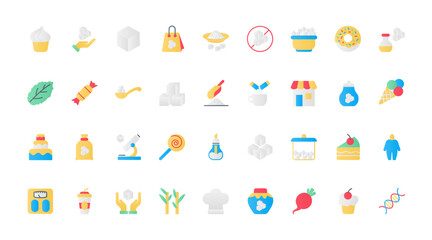 Sugar flat icons set vector illustration. Pictograms of brown or refined sugar products and sweetener, pile of cubes and open sachet pack with sand or powder, candy and cake for coffee.