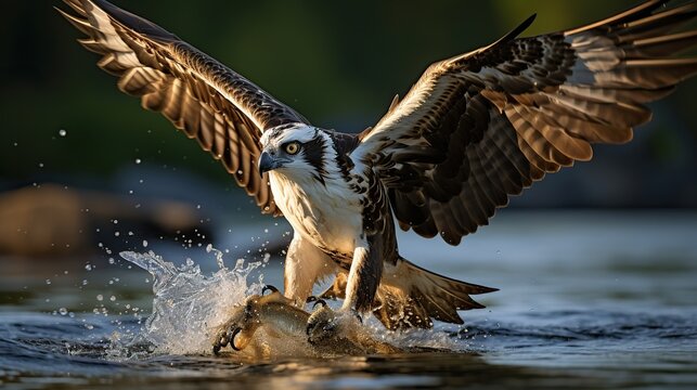 An amazing picture of an osprey or sea hawk hunting a fish from the water