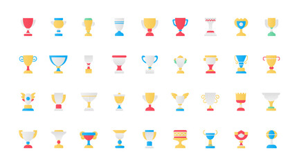 Trophy cups, award flat icons set vector illustration. Abstract outline trophy symbols collection, reward for sports champions and winners in a championship, goblet prize for a football team.