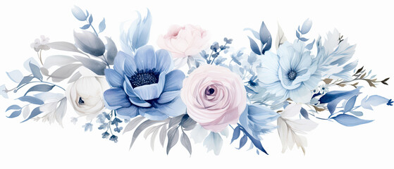 fondo ramo floral en tonos azules, rosas y verdes sobre fondo blanco - obrazy, fototapety, plakaty