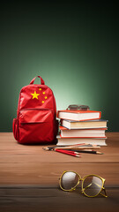 Backpack with a Chinese flag, a stack of books and glasses. The concept of learning Chinese. Asian...
