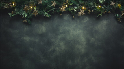 Overhead Flat Lay View of Lush Christmas Garland - on a Rustic and Weathered Green Background with Vintage Texture and Aesthetic - Golden Twinkle Lights and Holiday Glow - Xmas Decorations