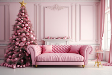 Christmas background with Christmas tree, gifts and sofa in pink colors