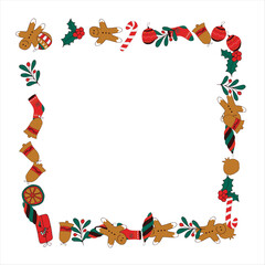 Christmas card frame with empty space for wishes. Gingerbread, orange, Christmas tree decorations, branches, gift boxes, sock, holly berries. Vector illustration