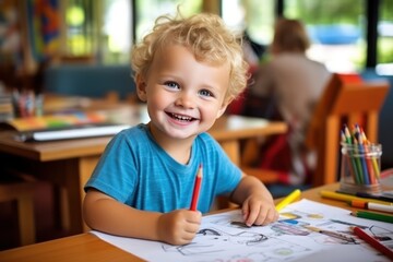 Three year old boy, blonde hair, Kindergarten, Coloring with Pencil