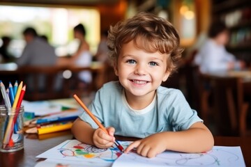 Three year old boy, brown hair, Kindergarten, Coloring with Pencil