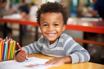 Three year old boy, brown hair, afro american,  Kindergarten, Coloring with Pencil