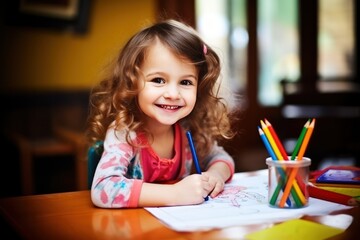 Three year old girl, brown hair, Kindergarten, Coloring with Pencil