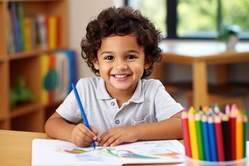 Three year old boy, brown hair, hispanic,  Kindergarten, Coloring with Pencil - obrazy, fototapety, plakaty