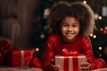 A happy dark-skinned little girl is holding a christmas present.  Portrait of a smiling colored girl in pajamas with a Christmas gift.