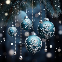 Christmas balls card template with silver Ornaments in Rich blue and silver colors illustration. For banners, posters, advertising. AI generated.