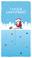 Fototapeta na wymiar Christmas phone wallpaper with santa on winter fishing