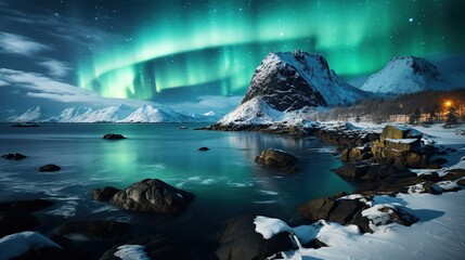 Aurora Borealis, Lofoten islands, Norway. Nothen light and reflection on the lake surface. Winter landscape at the night time. Norway travel - image - obrazy, fototapety, plakaty