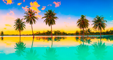Beautiful luxury swimming pool with coconut palm tree at sunset times - Vintage Filter
