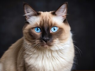 Siamese cat with ocean blue eyes, cream fur, dark facial mask and distinctive vibrissae on a dark background.