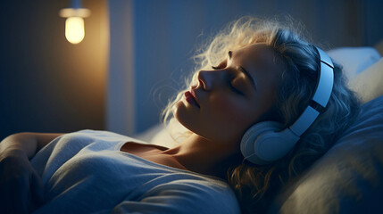 A Woman Wearing Headphones Sleeping on a Bed - obrazy, fototapety, plakaty