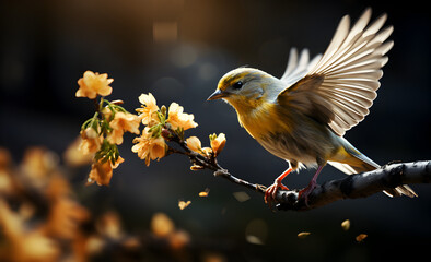 A delicate bird flutters among spring blossoms, embodying the serene beauty of nature in motion.