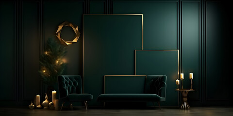 Luxury dark green interior design with golden elements, modern armchair and decorations 