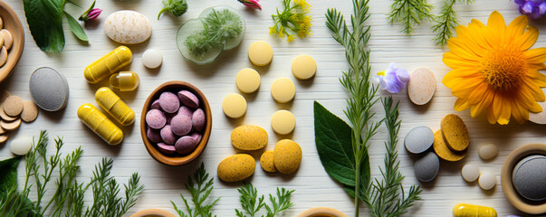 Holistic Health Aids: Various Pills, Herbs, and Flowers on a White Table
