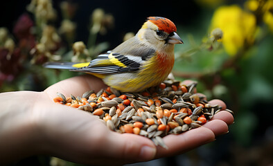 A vibrant finch perches trustingly on a hand filled with seeds, a moment of connection with nature. - obrazy, fototapety, plakaty