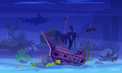Sunken pirate ship on sea or ocean bottom vector illustration. Cartoon underwater shipwreck scene of boat on seabed and abstract silhouettes of marine creature, school fish and undersea coral - obrazy, fototapety, plakaty