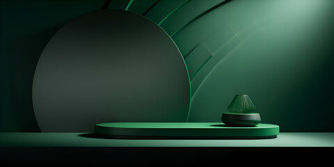 Modern minimalistic dark green mock up scene podium with lights and shadows, product presentation concept 