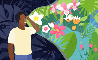 Focus on positive, optimism and mental health vector illustration. Cartoon happy man with optimistic outlook and smile looking forward at beauty of nature in bright colors, vision of good future