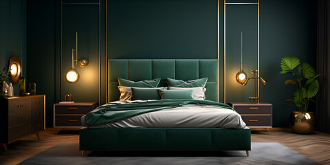 Luxury  dark green interior design of a bed room with golden elements