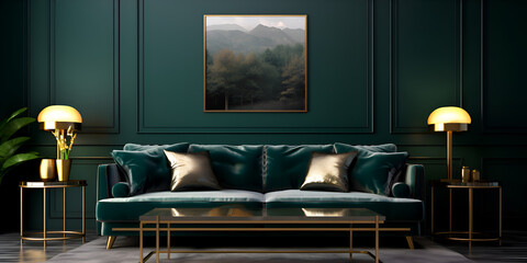 Luxury dark green interior design with golden elements, modern sofa and decorations 