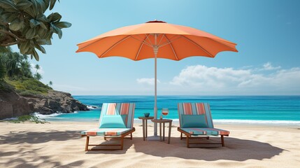 Fototapeta na wymiar cartoon style background of sea shore. Good sunny day. Deck chair and beach umbrella on the sand coast.