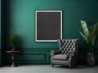Mock up empty frame on dark green wall with minimalistic  interior design, product presentation concept 