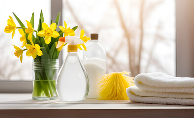 Bright spring cleaning supplies and fresh flowers signify a fresh start to the season.