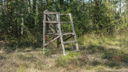 Old and dilapidated shooting platform in the woods