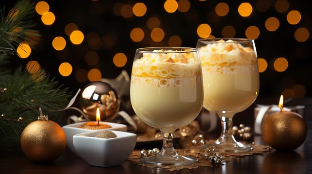 Eggnog in a glass, decorated with whipped cream and nutmeg, winter cocktail of raw eggs and spices on a dark wooden table. Background of Christmas lights.