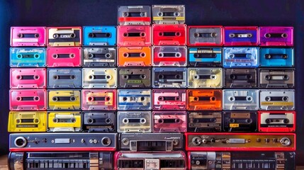 Old audio cassettes in a row and old tape recorders on a black background. Retro music concept. - obrazy, fototapety, plakaty