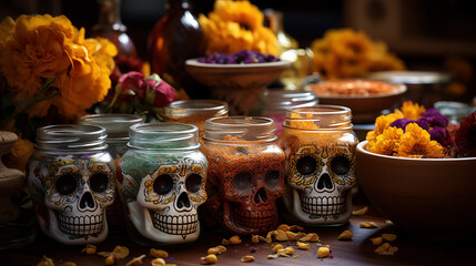 Day of the Dead Traditions: Elaborate sugar skulls and marigold flowers adorning an ofrenda during the Day of the Dead celebrations, portraying the rich Mexican traditions in Mexic