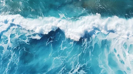 Poster Beautiful texture of big power dark ocean waves with white wash. Aerial top view footage of fabulous sea tide on a stormy day. Drone filming breaking surf with foam in Indian ocean. Big swell in Bali. © haizah