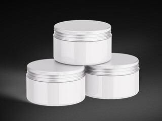 3D Illustration. Skin care cream jars on black background.