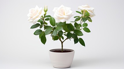beautiful white rose in white pot on white background, selective focus