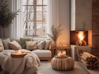 Fototapeta na wymiar Winter home interior, cozy warm house decoration for cold seasonal holidays, room decor with sofa, pillows and soft fluffy blanket