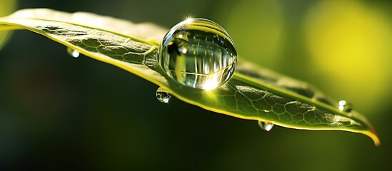 Beauty transparent water drop on green leaves macro with sun glare. A beautiful artistic depiction of a fresh nature environment in spring or summer. high contrast