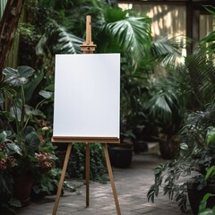 Wooden easel with blank canvas on monstera leaves background for mockup design. Place for text