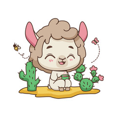 Cute llama relaxing and holding a cup of tea